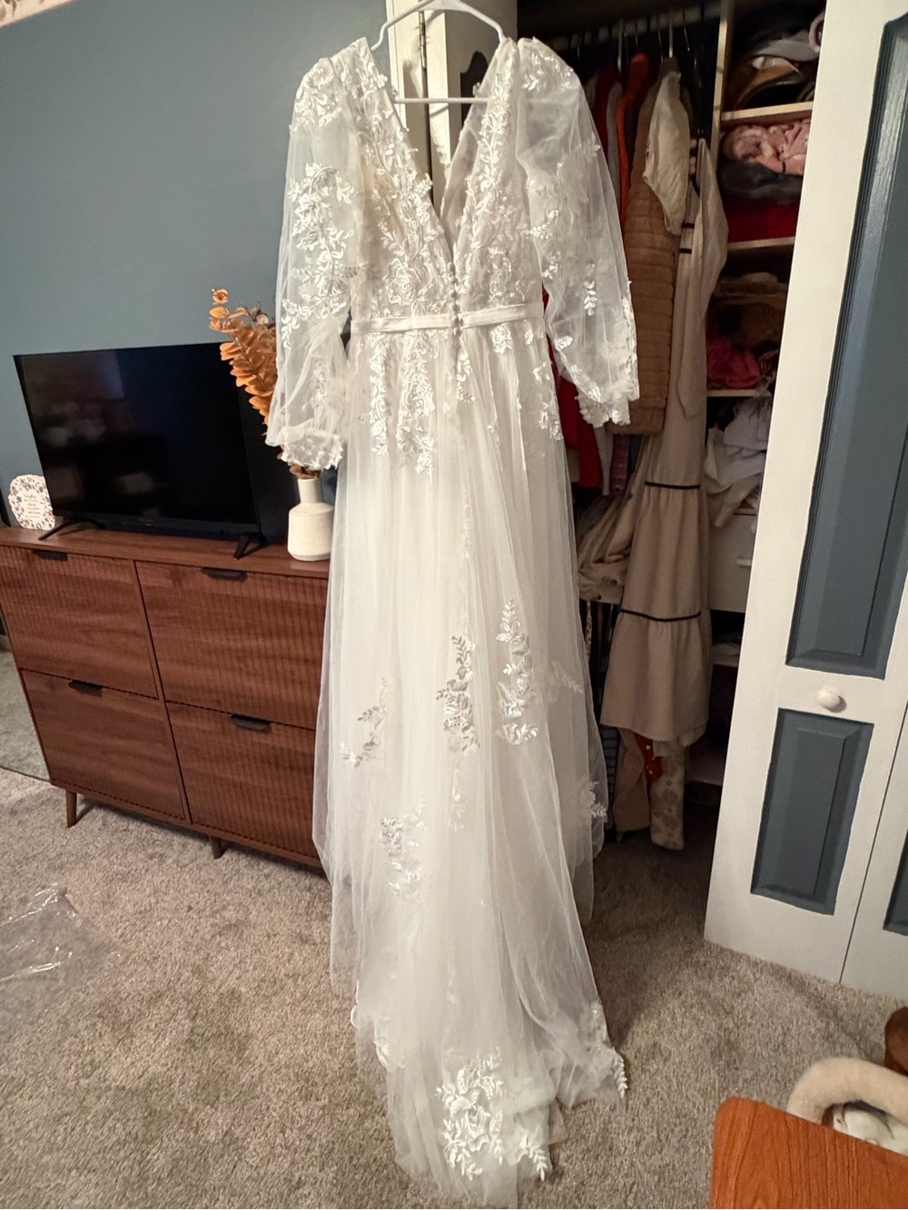 Romantic White Lace A-Line Wedding Dress with Sheer Long Sleeves